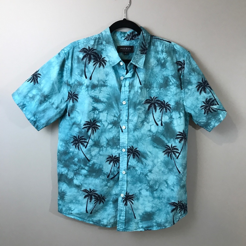 Pac Sun Button Down Blue Tie-Dye Palm Trees NWOT L